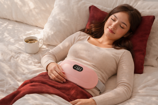 Woman using heating pad and drinking tea to relieve period cramps naturally.