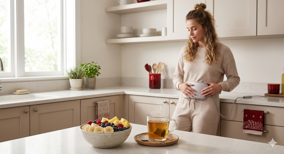 Bananas and herbal tea with woman using heating pad for period cramps.