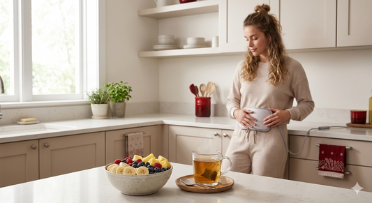 Bananas and herbal tea with woman using heating pad for period cramps.