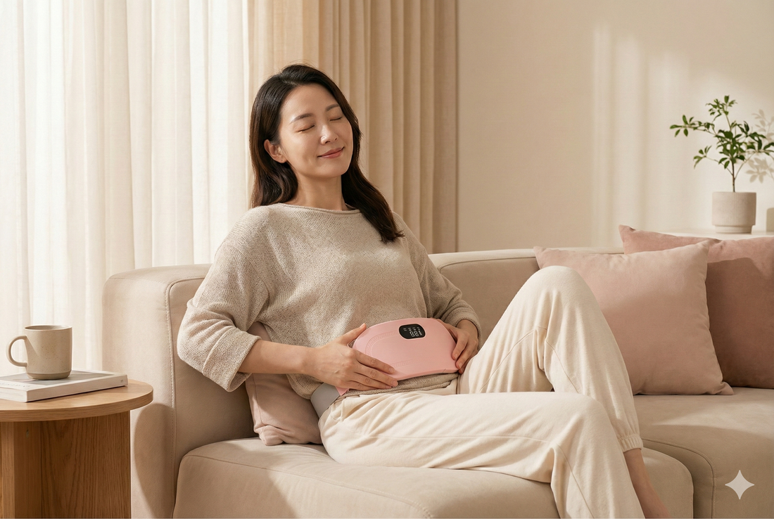 Woman using a heating pad on her lower abdomen to relieve period cramps naturally and effectively.