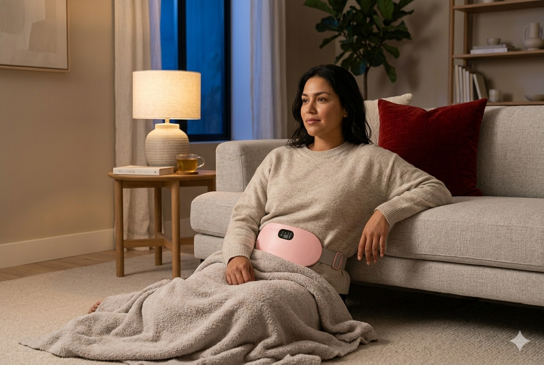 Woman in her 30s using heating pad to relieve worsening period cramps.