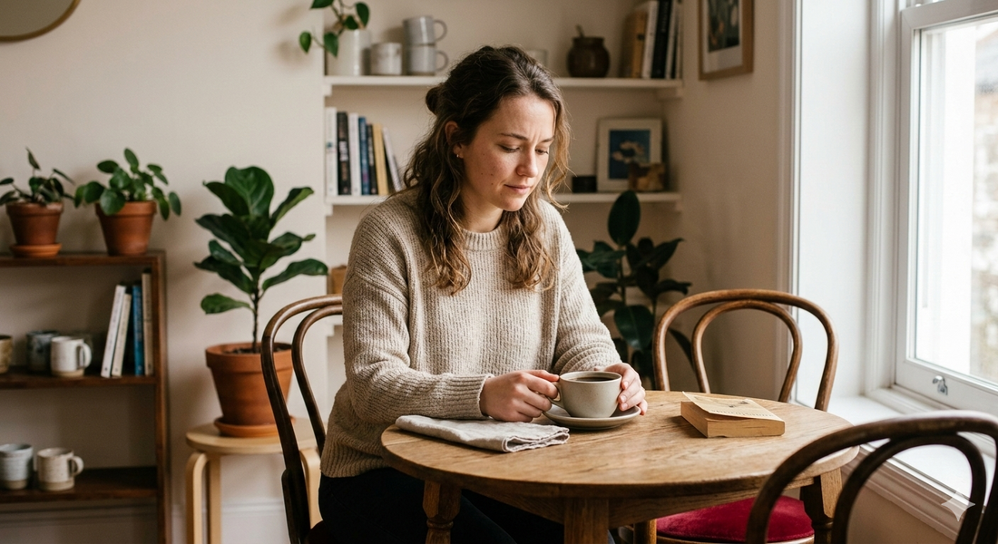 Woman questioning coffee while using heating pad for period cramps.