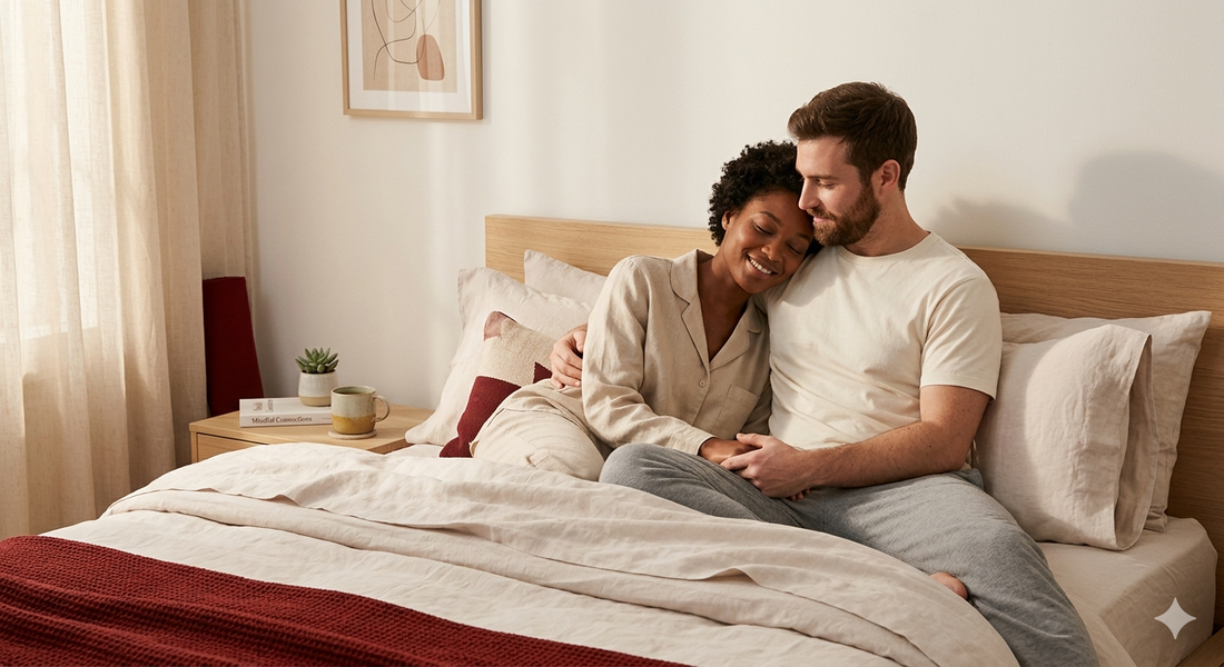 Couple relaxing together representing intimacy and comfort during menstruation.