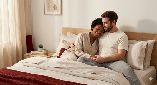 Couple relaxing together representing intimacy and comfort during menstruation.