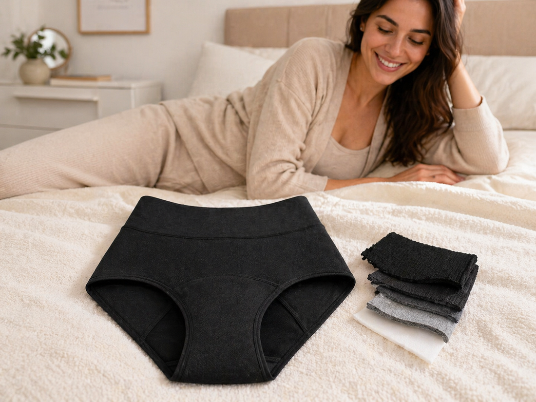 Reusable period underwear showing absorbent layers and leak-proof design.