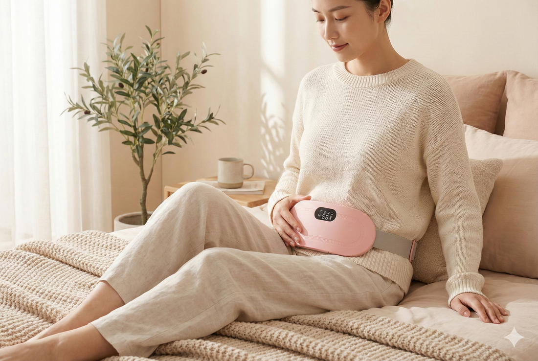 Woman using a heating pad on her lower abdomen in a cozy bedroom setting for safe period cramp relief.