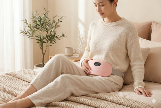 Woman using a heating pad on her lower abdomen in a cozy bedroom setting for safe period cramp relief.