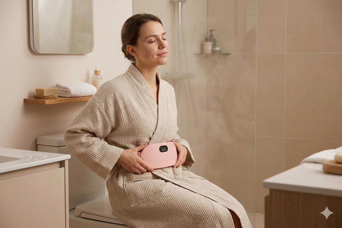 Woman using heating pad in bathroom to relieve period cramps fast.