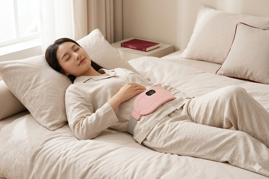 Woman using heating pad on lower abdomen for period cramps relief.