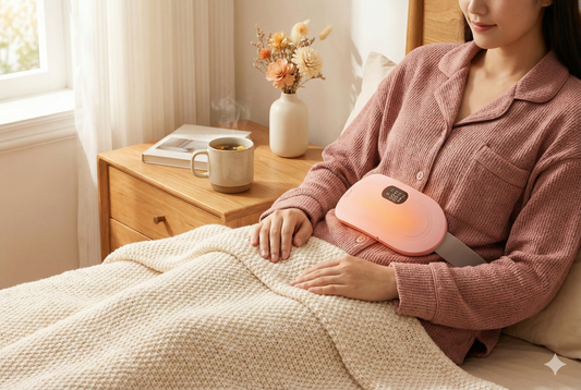 Woman using a heating pad on her lower abdomen in a cozy bedroom setting for menstrual cramp relief