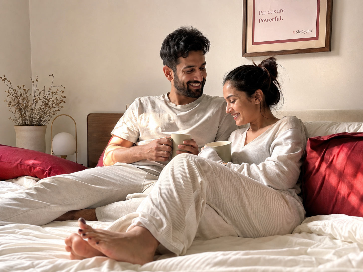 Adult couple relaxing together while learning about period sex, communication, and menstrual wellness.