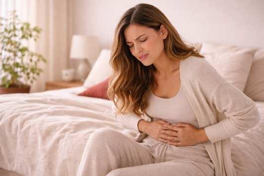 Woman experiencing severe period cramps holding her abdomen.