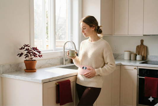 Woman holding herbal tea and heating pad to relieve period cramps in kitchen.