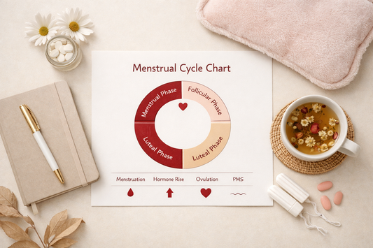 Menstrual cycle diagram with wellness items on soft neutral background.