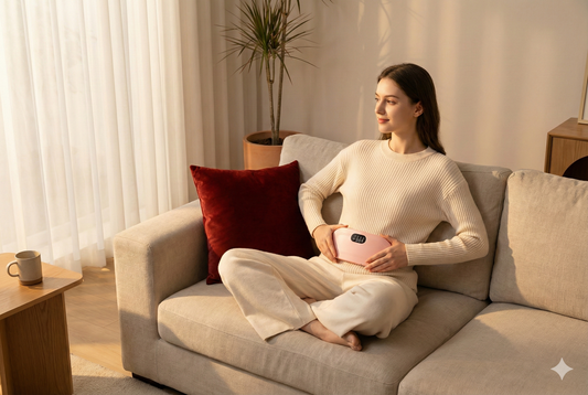Woman sitting on sofa using heating pad to relieve severe period cramps at home.