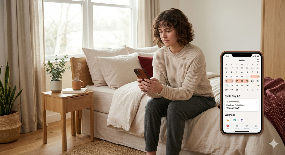 Woman checking calendar worried about late period.