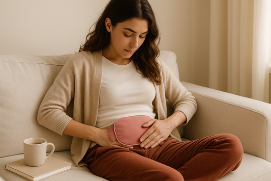 A woman sitting comfortably in a soft beige room using a pink wearable heating pad for period cramps.