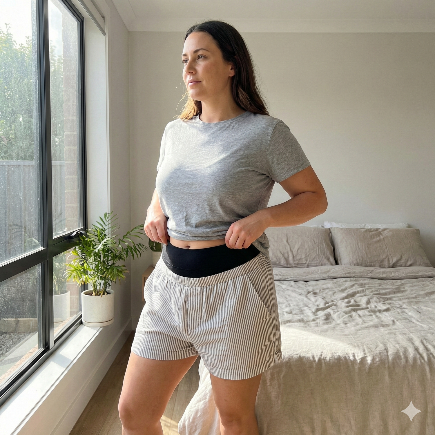 Woman wearing high-waist leak-proof period underwear during heavy flow, standing confidently in soft morning light